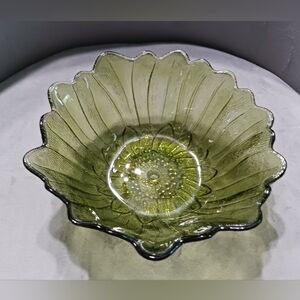 Vintage Green Glass Bowl Flower Petal Design Textured Scalloped Edges Decor Gift